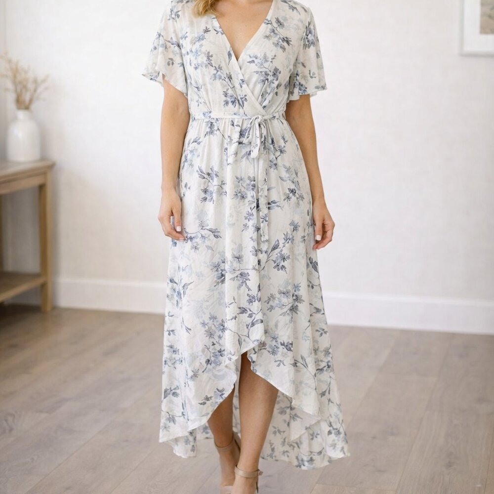 Lovestitch Floral High Low Dress L Cream Blue Wrap Boho Romantic
